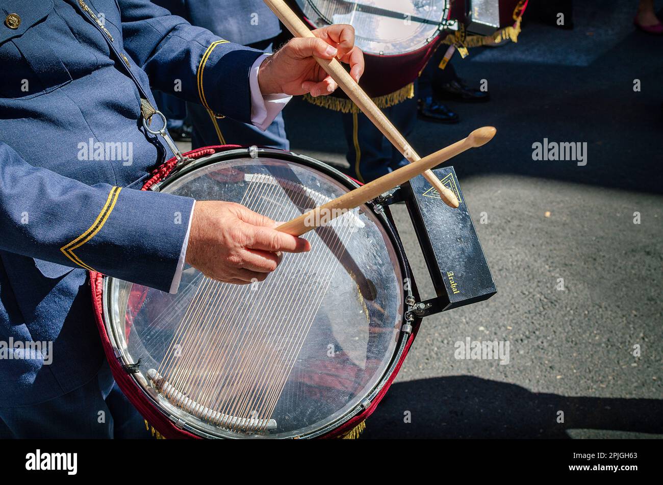 Seville, Spain; April 2, 2023: Musician during the Holy Week. Palm Sunday. Brotherhood of la Hiniesta. Stock Photo