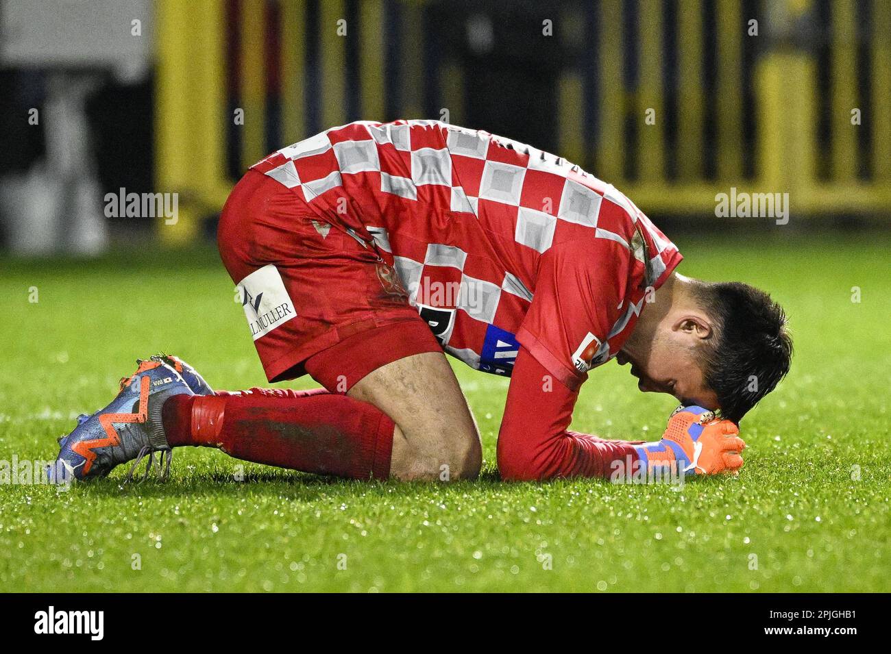 Brussels, Belgium. 02nd Apr, 2023. STVV's goalkeeper Daniel Schmidt Yabuki looks dejected after losing a soccer match between Royale Union Saint-Gilloise and Sint-Truidense VV, Sunday 02 April 2023 in Brussels, on day 31 of the 2022-2023 'Jupiler Pro League' first division of the Belgian championship. BELGA PHOTO LAURIE DIEFFEMBACQ Credit: Belga News Agency/Alamy Live News Stock Photo