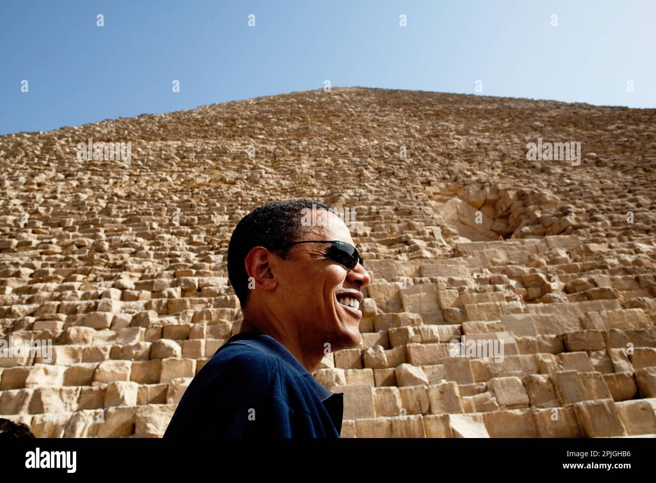 President Barack Obama tours the Pyramids of Giza in Egypt on June 4, 2009. (Official White House photo by Pete Souza) This official White House photograph is being made available for publication by news organizations and/or for personal use printing by the subject(s) of the photograph. The photograph may not be manipulated in any way or used in materials, advertisements, products, or promotions that in any way suggest approval or endorsement of the President, the First Family, or the White House. Stock Photo