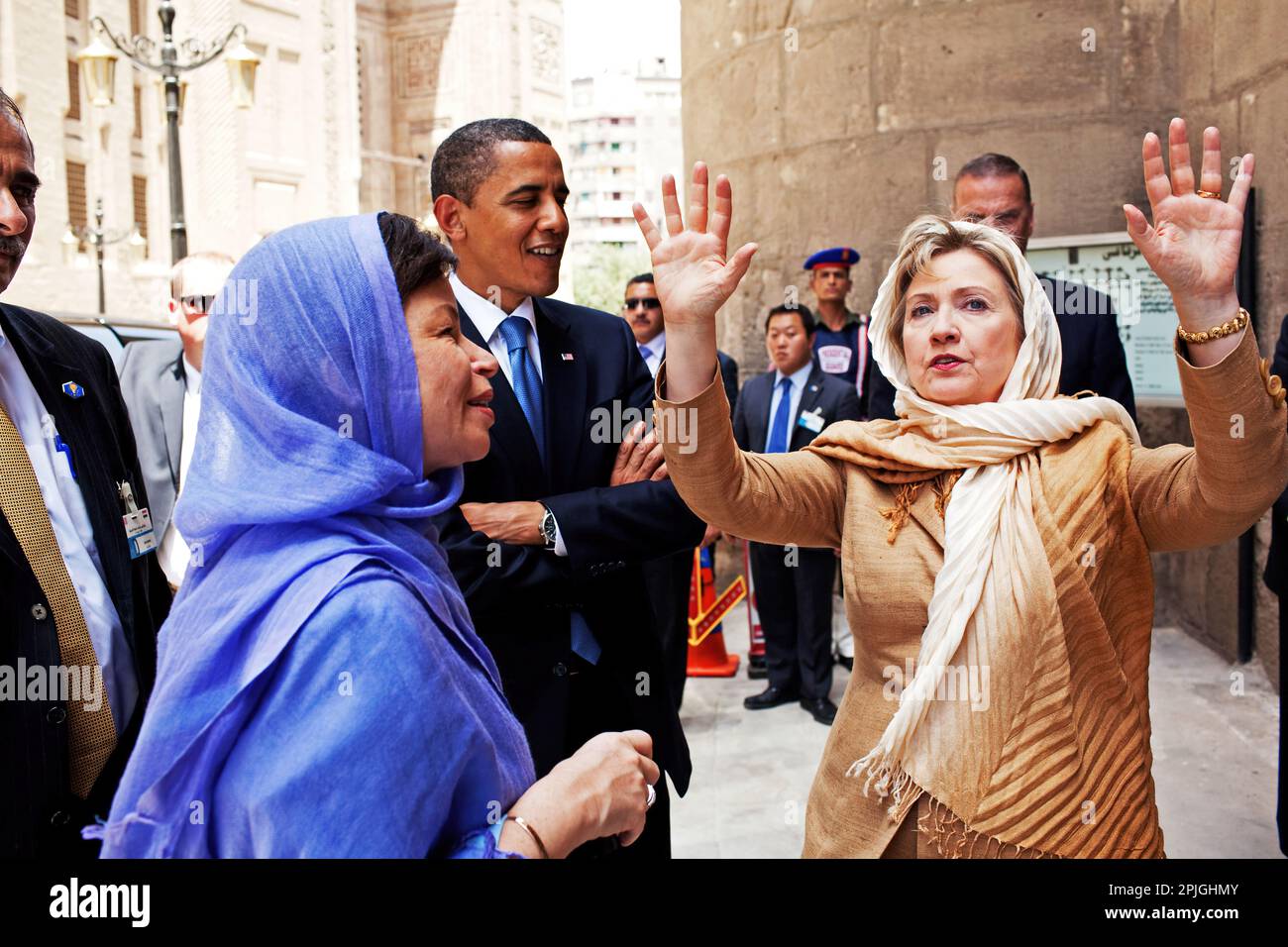 President Barack Obama, Senior Advisors David Axelrod and Valerie Jarrett, and Secretary of State Hillary Clinton tour the Sultan Hassan Mosque in Cairo, Egypt, June 4, 2009. (Official White House Photo by Pete Souza) This official White House photograph is being made available for publication by news organizations and/or for personal use printing by the subject(s) of the photograph. The photograph may not be manipulated in any way or used in materials, advertisements, products, or promotions that in any way suggest approval or endorsement of the President, the First Family, or the White House Stock Photo