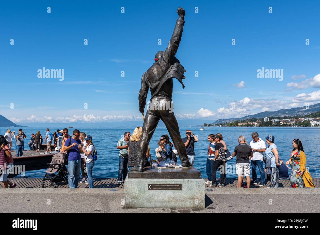 Freddie Mercury statue at Montreux waterfront promenade on Lake Geneva. Montreux, Switzerland