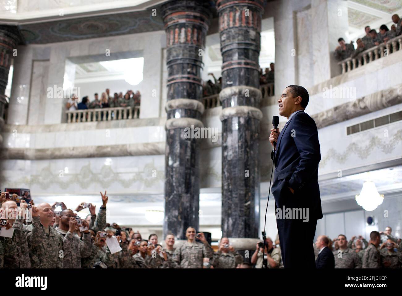 President Barack Obama addresses U.S. troops during his visit to Camp Victory, Baghdad, Iraq 4/7