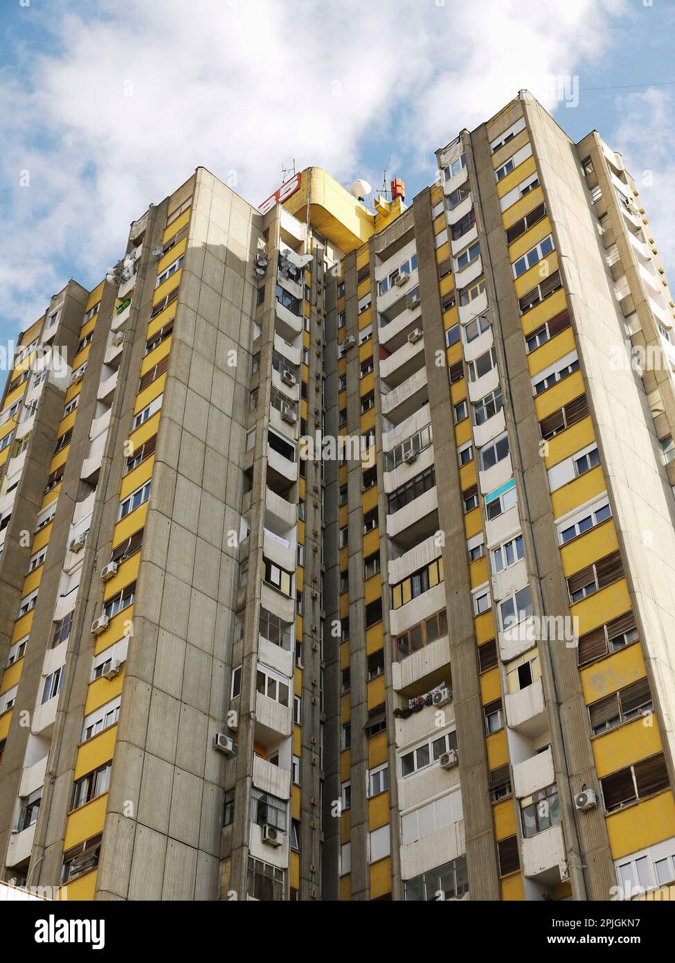 Brutalist concrete tower block of apartments (B5) in Niš, Serbia Stock