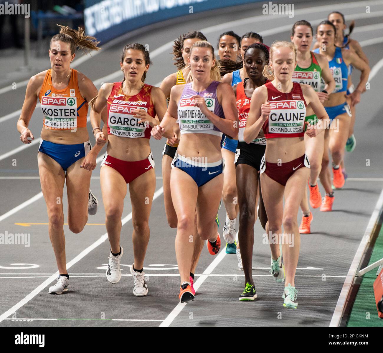 Agate Caune of Latvia competing in the women’s 3000m heats at the European Indoor Athletics Championships at Ataköy Athletics Arena in Istanbul, Türki Stock Photo