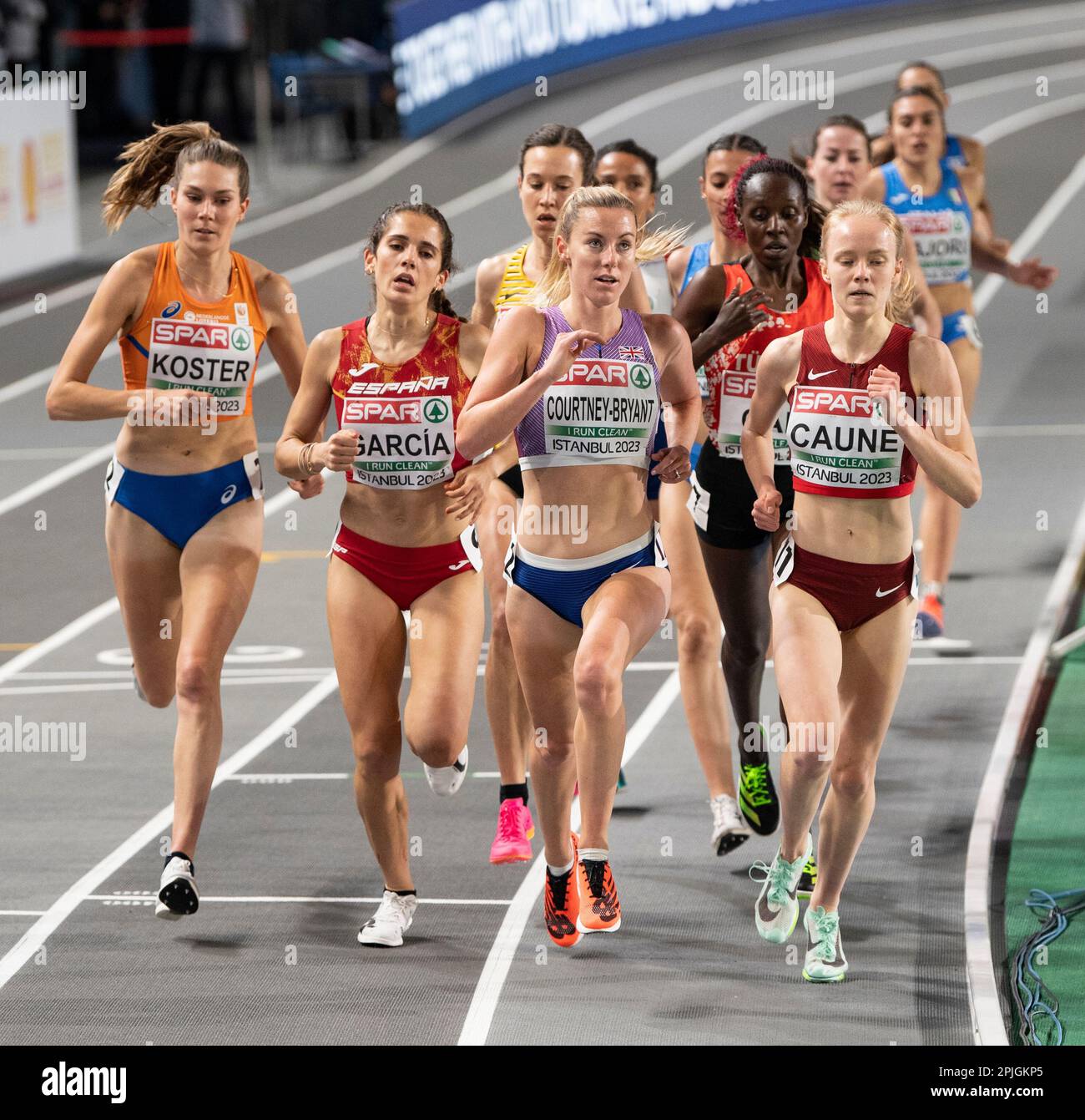 Agate Caune of Latvia competing in the women’s 3000m heats at the European Indoor Athletics Championships at Ataköy Athletics Arena in Istanbul, Türki Stock Photo