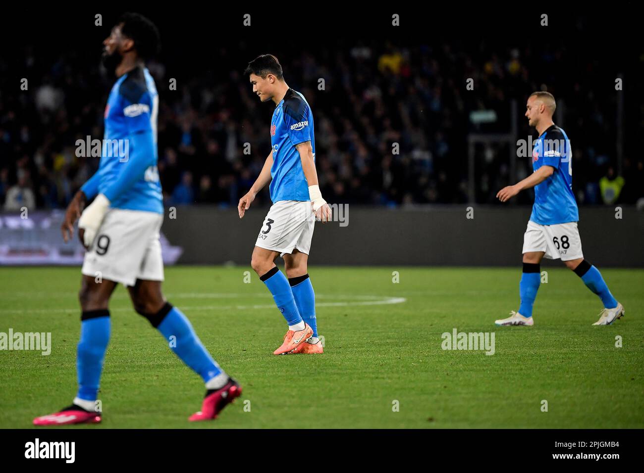 Naples, Italy. 02nd Apr, 2023. Andre Zambo Anguissa, Kim Min-jae and Stanislav Lobotka of SSC Napoli look dejected during the Serie A football match between SSC Napoli and AC Milan at Diego Armando Maradona stadium in Naples (Italy), April 2nd, 2023. Credit: Insidefoto di andrea staccioli/Alamy Live News Stock Photo