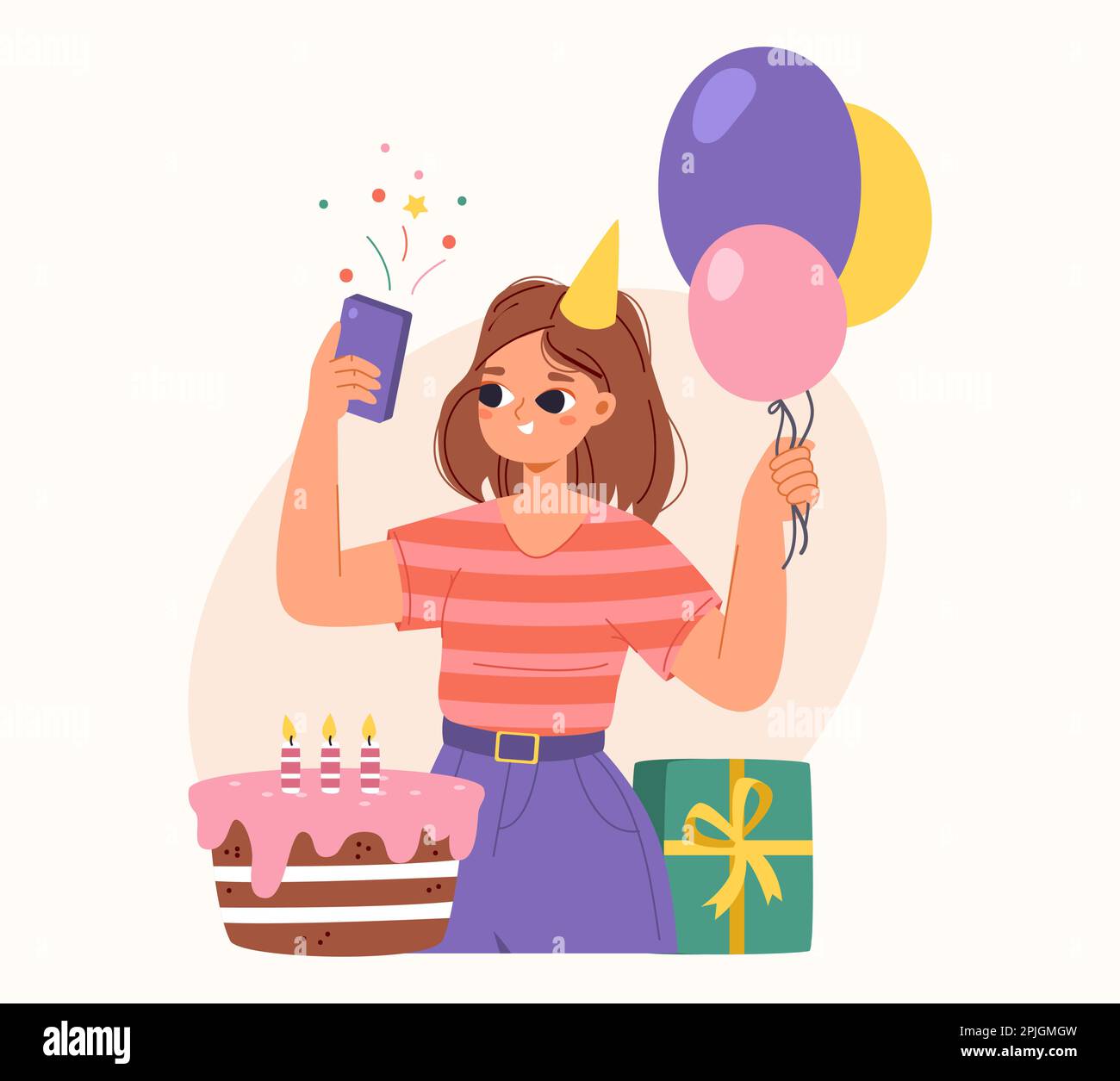 Young girl going birthday party selfie. Cute student, alone happy