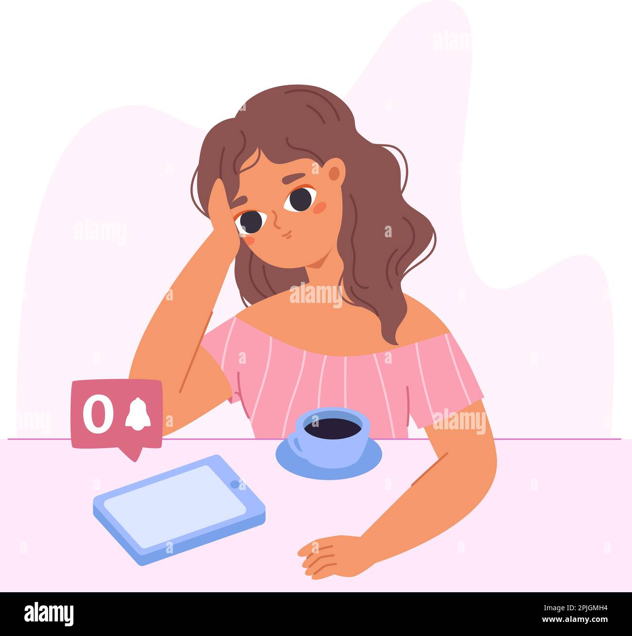 Girl drink coffee and waiting new notice or message. Student and hot beverage, digital detox and time for self. Young adult vector cartoon characters Stock Vector