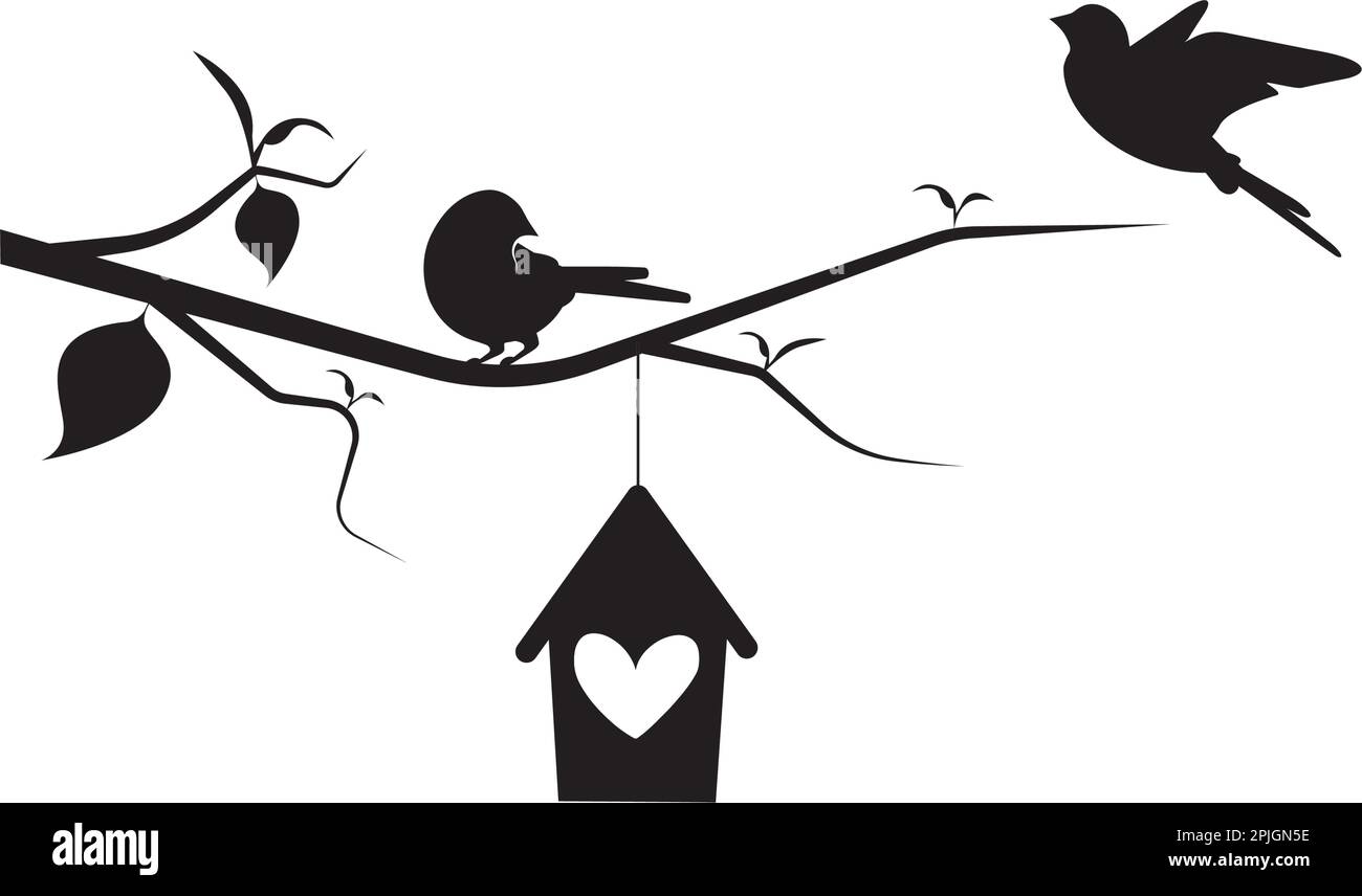 Bird on branch and bird house, vector. Cute cartoon illustration. Bird
