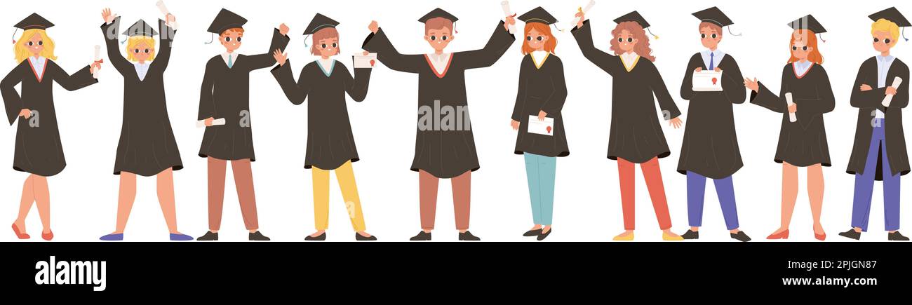 Happy graduate students team. Student hold diploma, cute teenagers in graduation gown. University college degree cartoon snugly vector characters Stock Vector