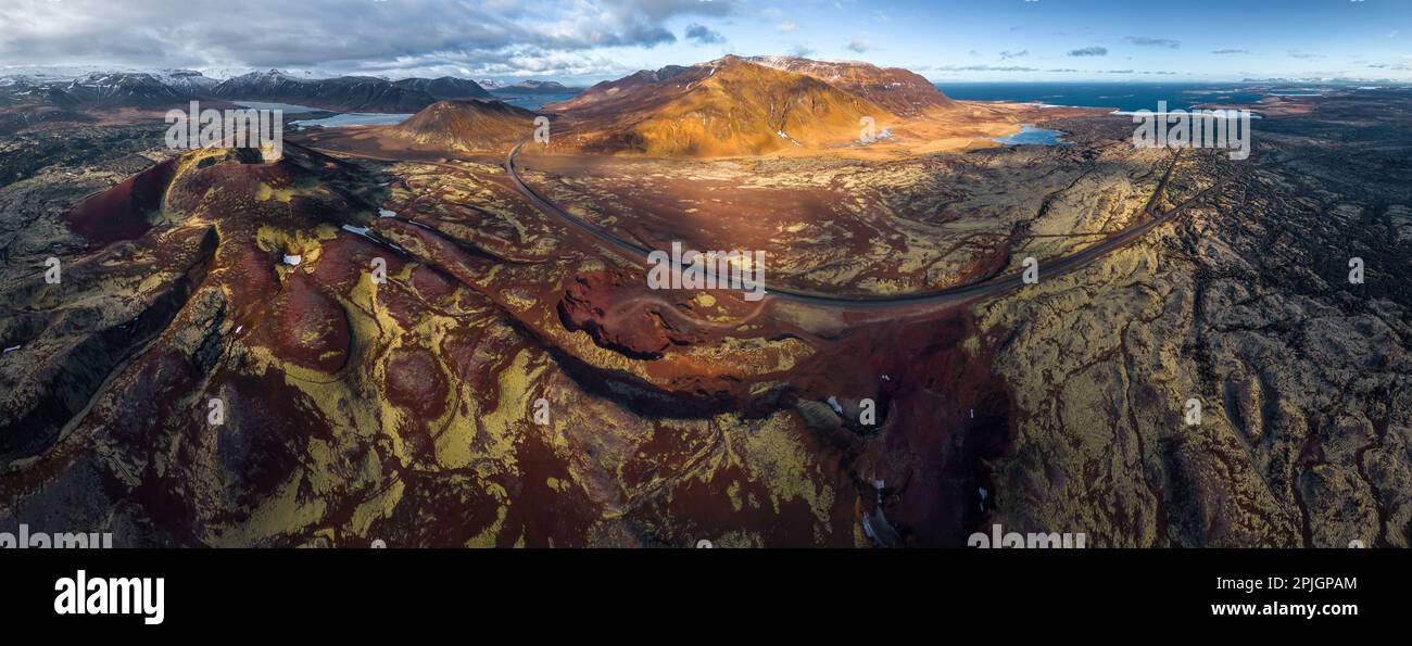 Aerial panoramic view of lava fields in West Iceland Stock Photo