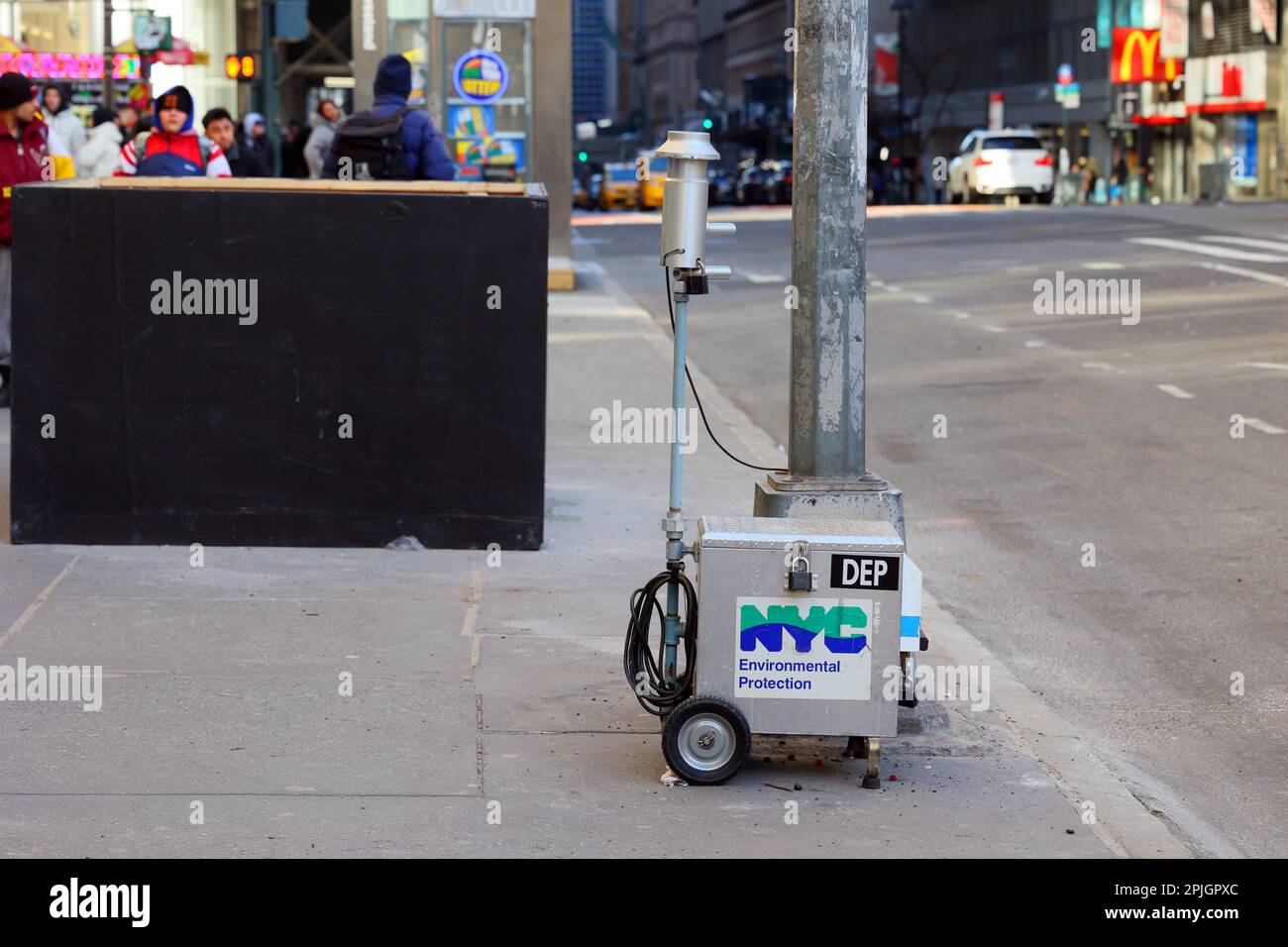 A NYC DEP air quality sampling station, on W 42nd St, in Midtown Manhattan. Stock Photo