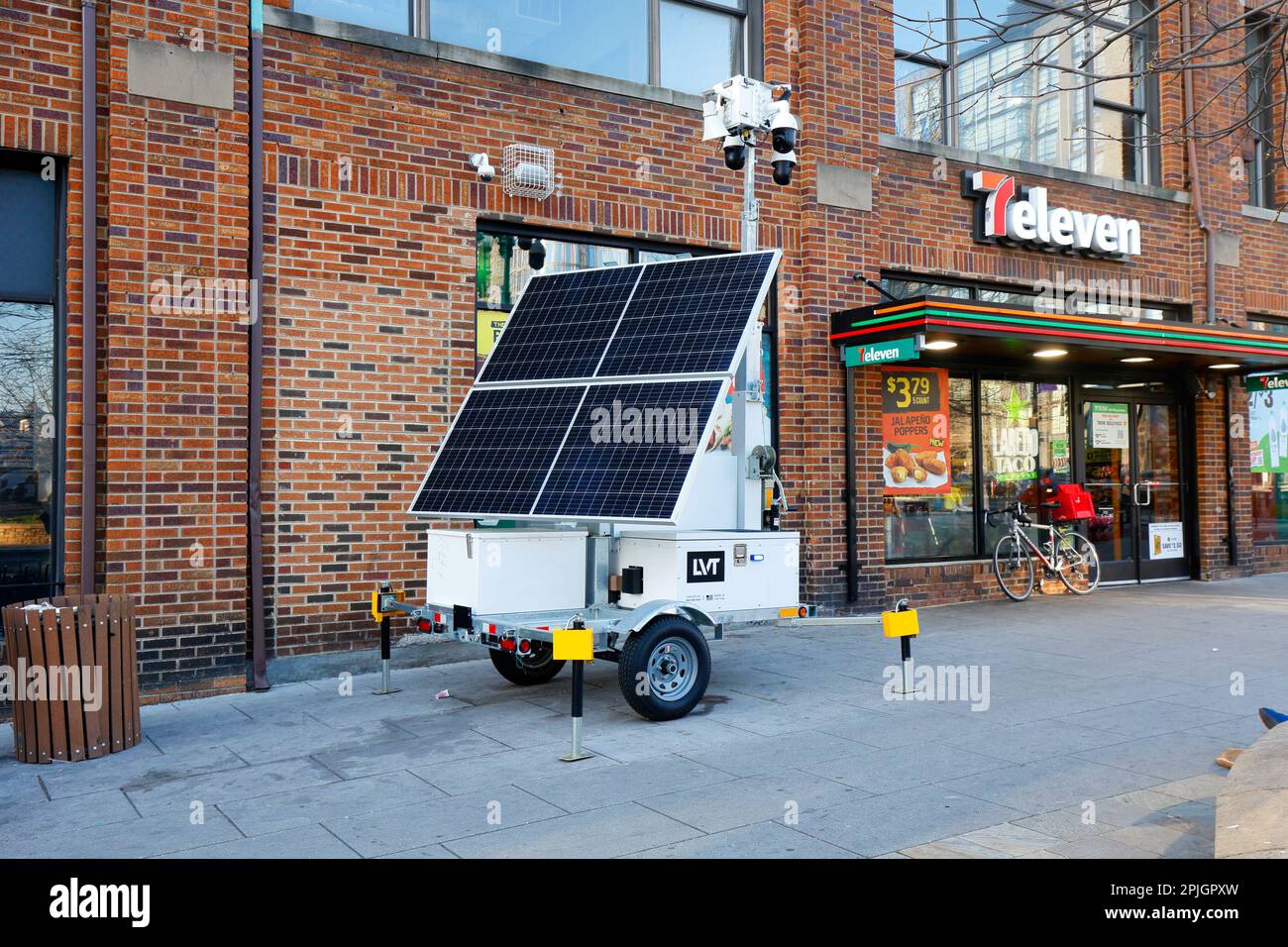 A Liveview Technologies solar-powered mobile surveillance unit at a pedestrian plaza in the Mount Vernon Square neighborhood in Washington DC. Stock Photo