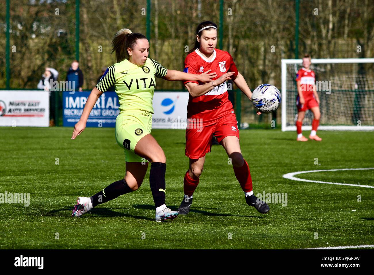 Teesside, UK. 02 Apr 2023. Middlesbrough Women FC (in red and white) played Stockport County Ladies FC in the FA Women’s National League Division One North. The visitors won 1-6 at the Map Group UK Stadium in Stockton-on-Tees - a scoreline which was harsh on the home side. Credit: Teesside Snapper/Alamy Live News Stock Photo