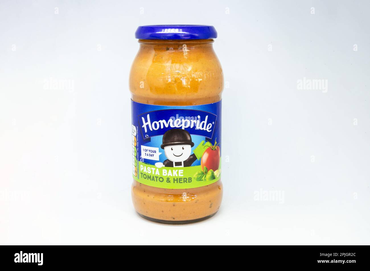 A glass jar of Homepride tomato and herb flavour pasta bake sauce