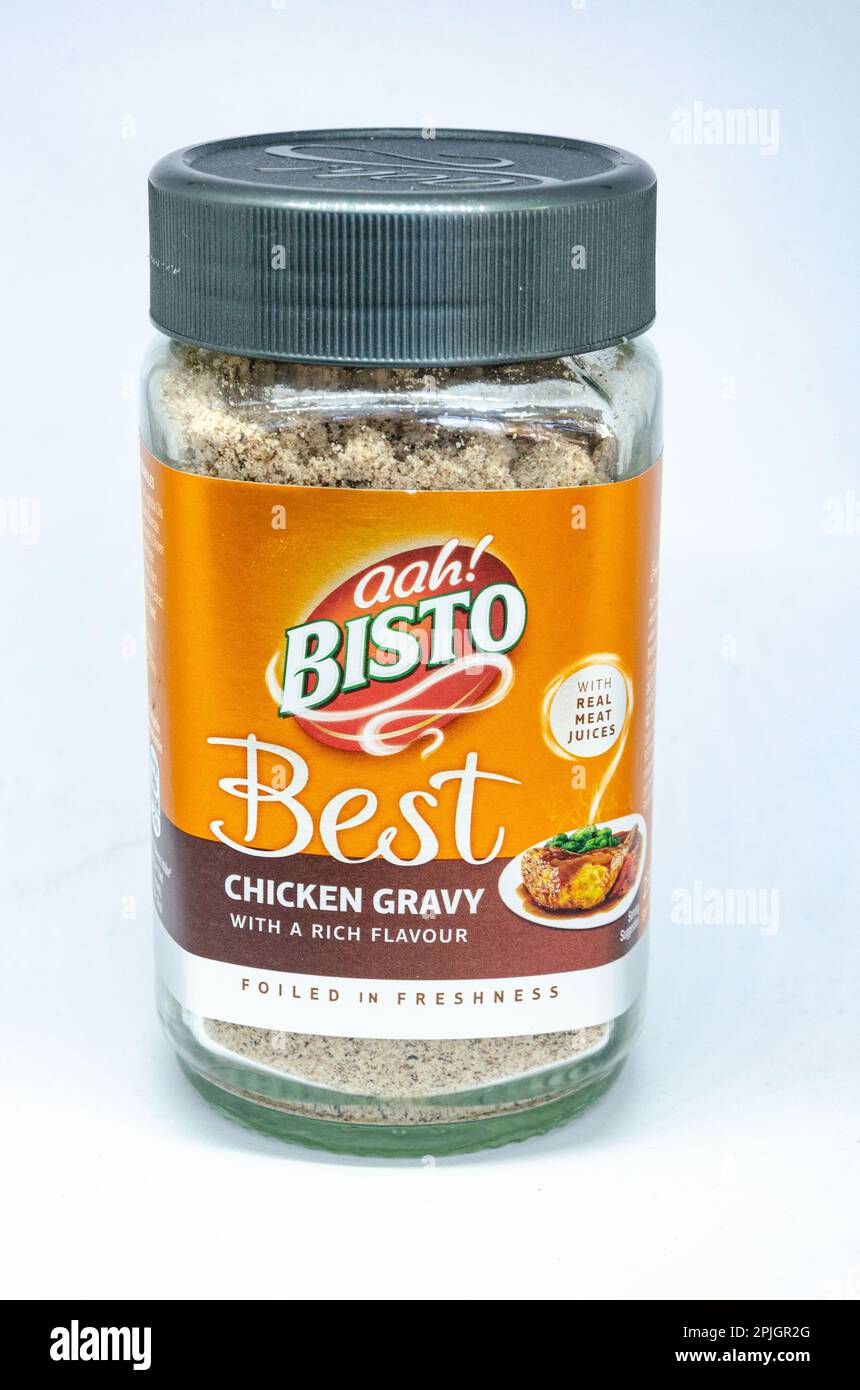 A jar of Bisto Best chicken flavour gravy granules isolated against a