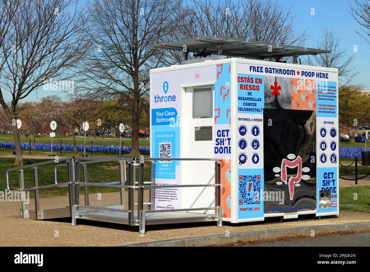 A Throne Labs solar powered temporary toilet installed at the National Mall at the United in Blue Fight Colorectal Cancer install. Requires app to use Stock Photo