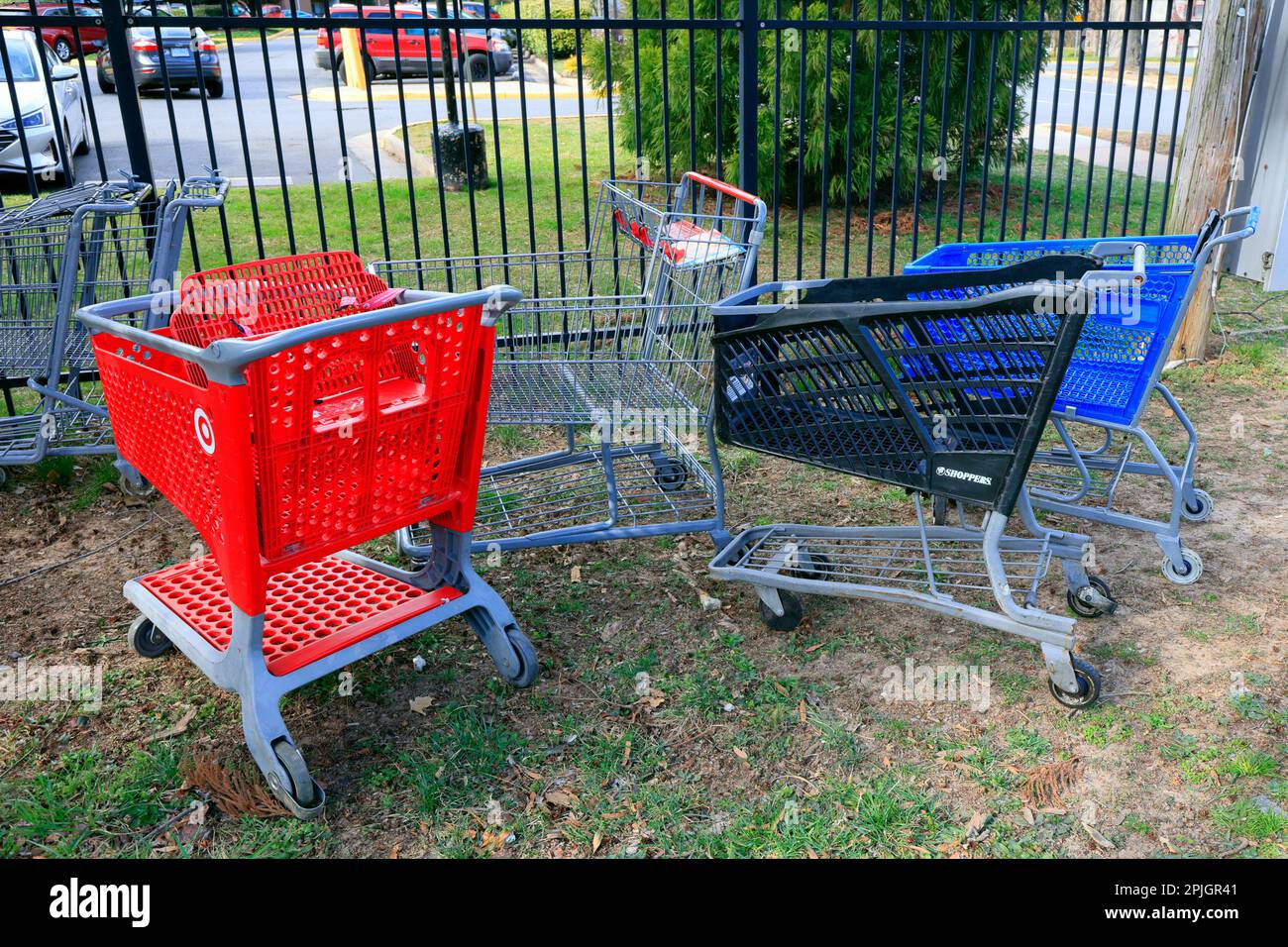 Stray, abandoned shopping carts, shopping trolleys, from different stores on the grass near a shopping mall. Stock Photo