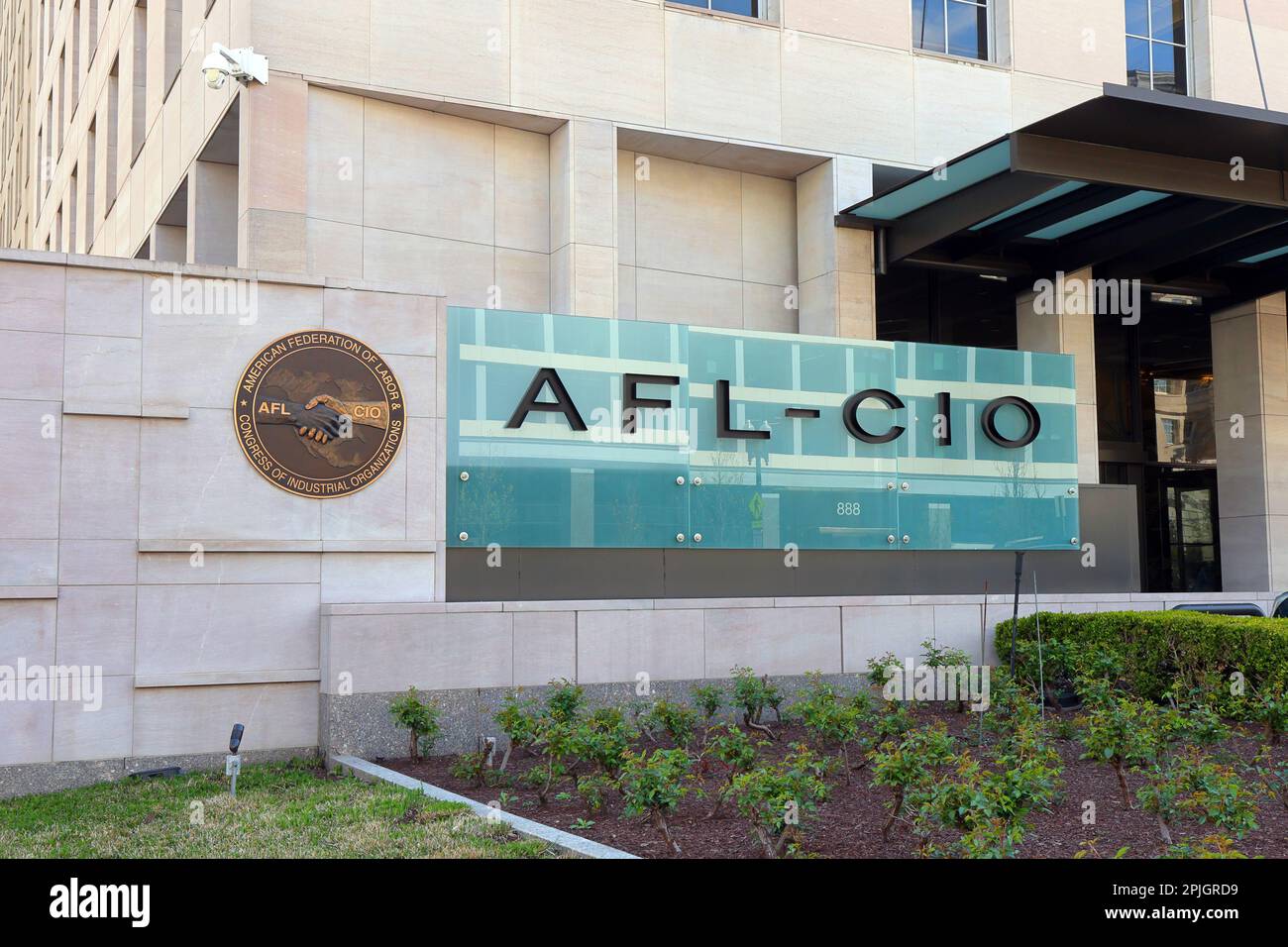 Signage of American Federation of Labor and Congress of Industrial Organizations, AFL-CIO, 815 Black Lives Matter Plaza NW, Washington DC. Stock Photo