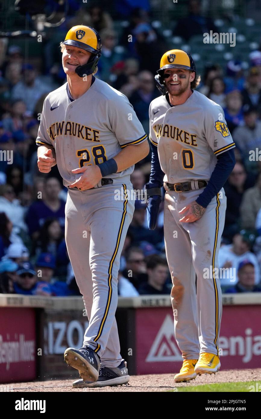 Milwaukee brewers center fielder joey wiemer left and shortstop brice