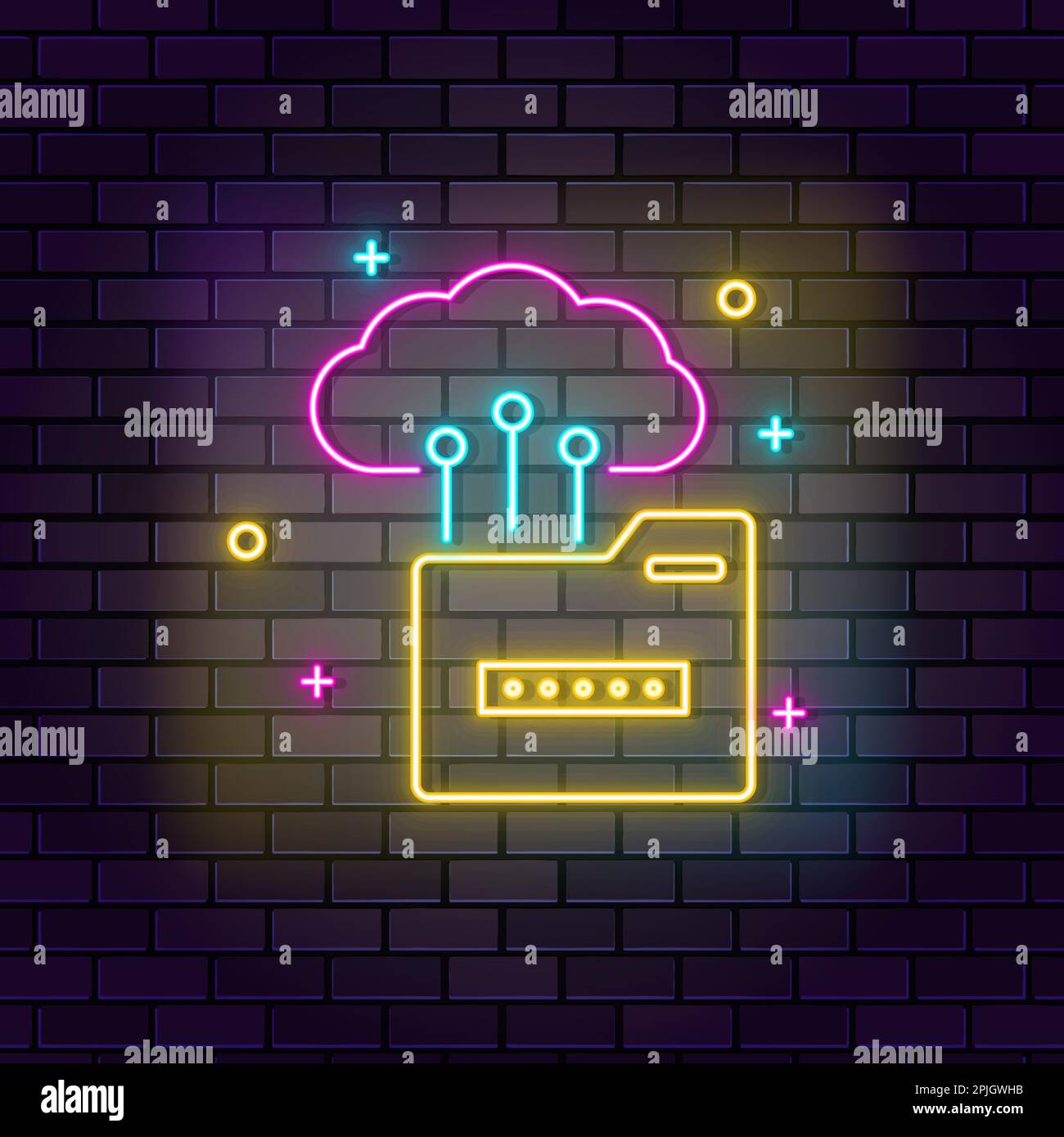 Cloud, data, folder neon icon. Education neon icon on dark brick wall background Stock Vector