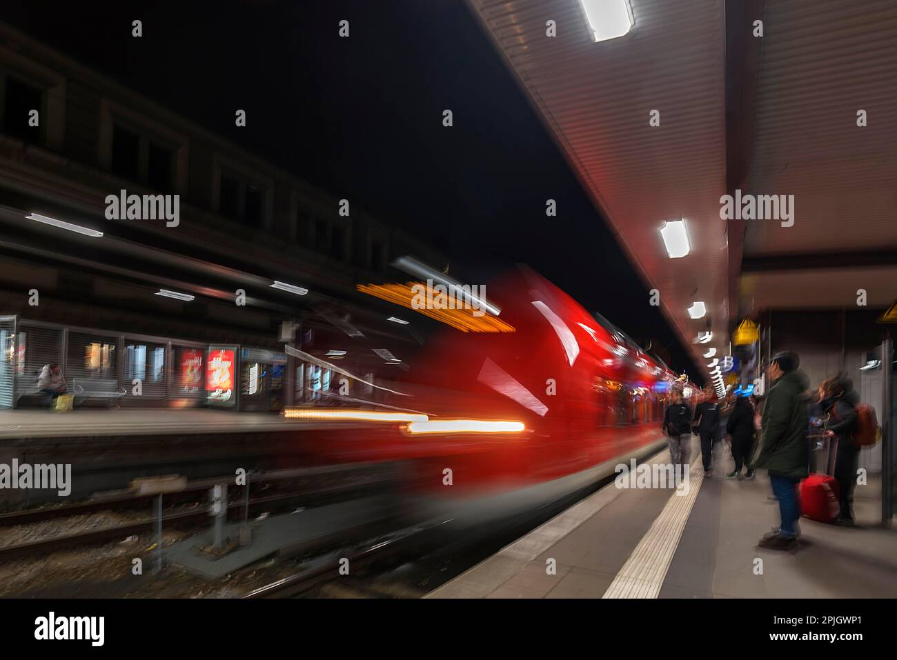 Regional train in motion at the station, Bavaria, Germany, Europe Stock Photo
