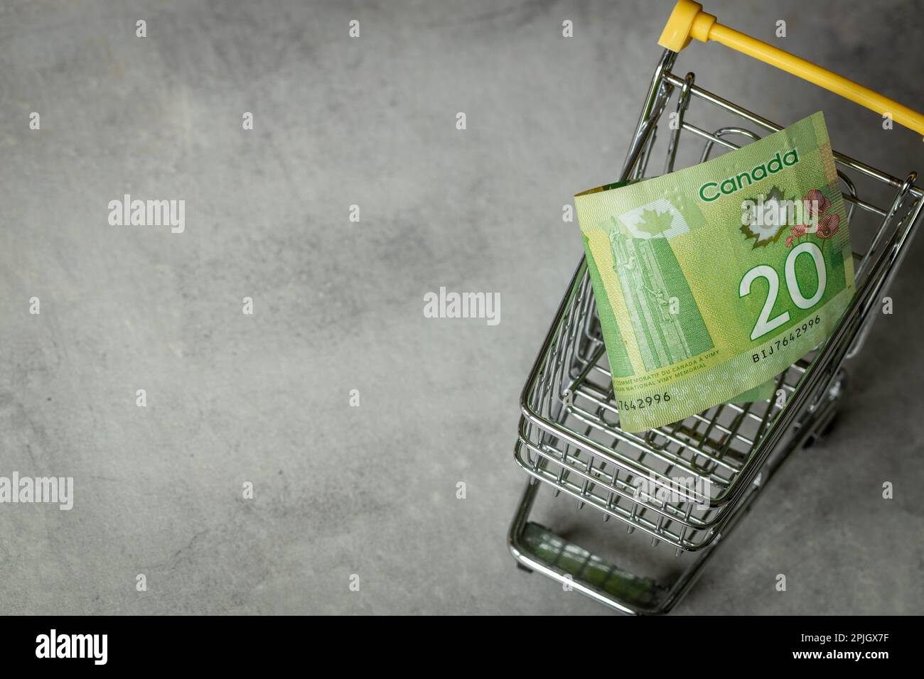 Shopping cart with 20 Canadian dollars, Concept, rising prices