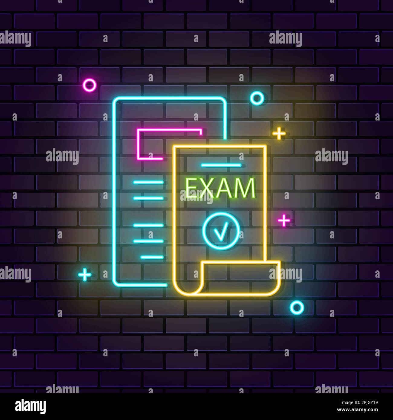 Paper, exam neon icon. Education neon icon on dark brick wall background Stock Vector