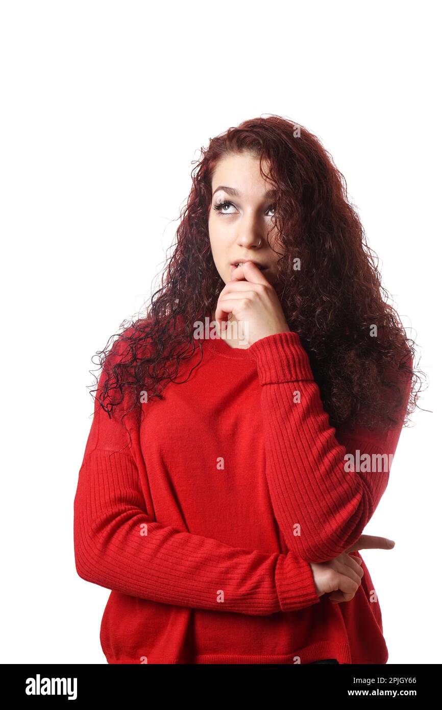 teenage girl looking up thinking isolated on white Stock Photo