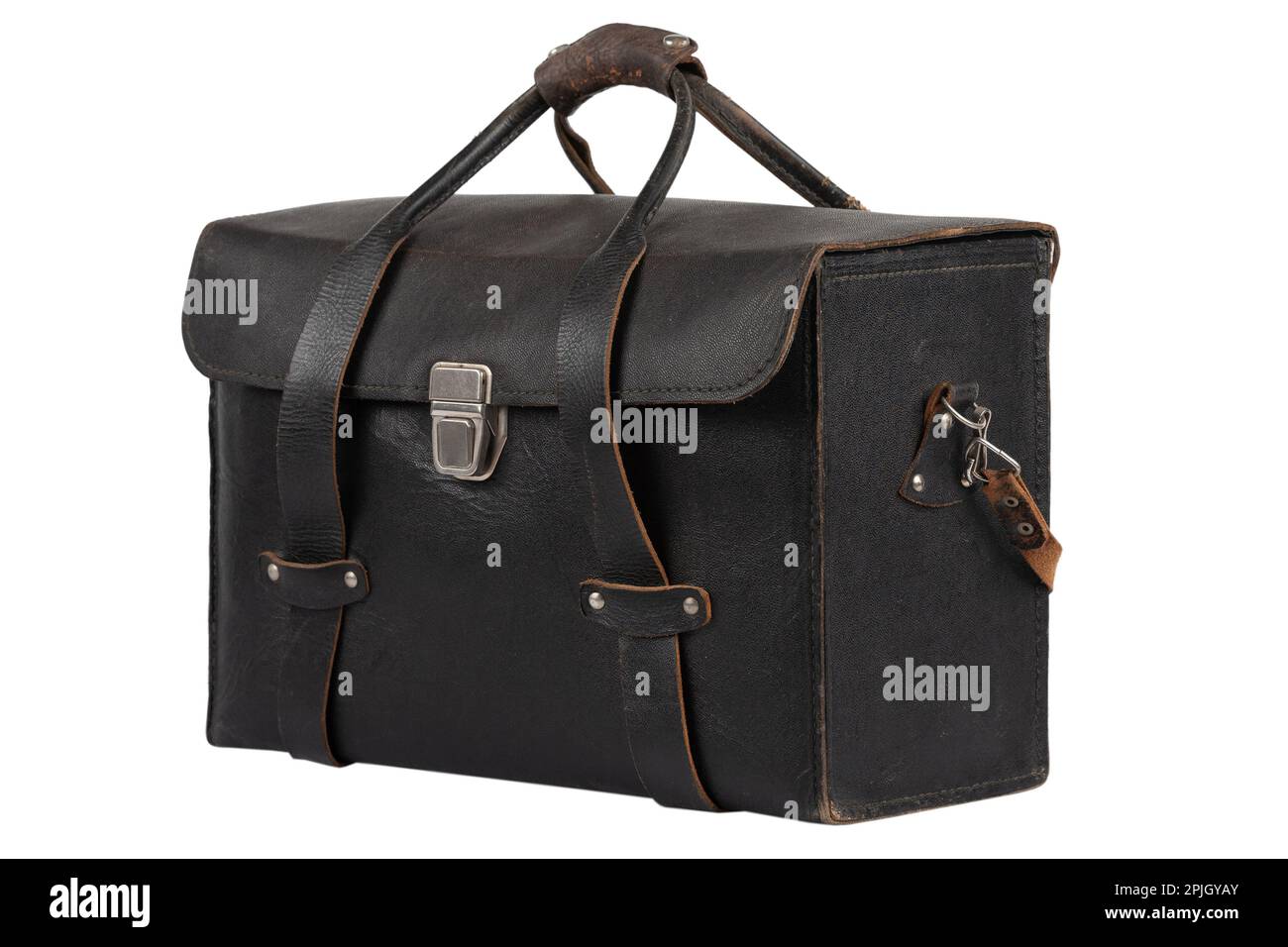 Antique old leather camera bag vintage style isolated on white