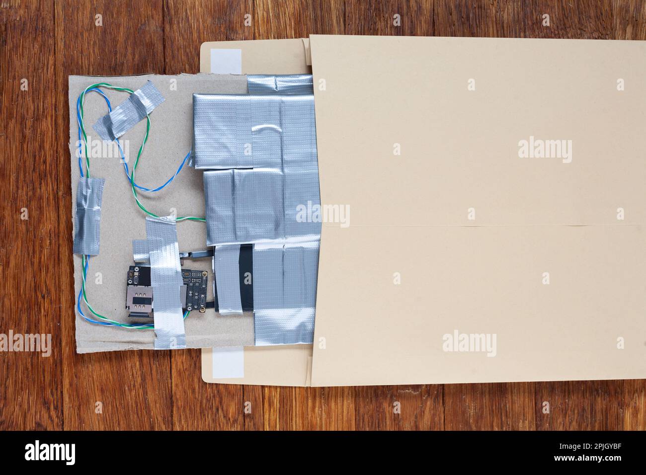 Mail bomb IED. Hand made Improvised Explosive Device with plastic