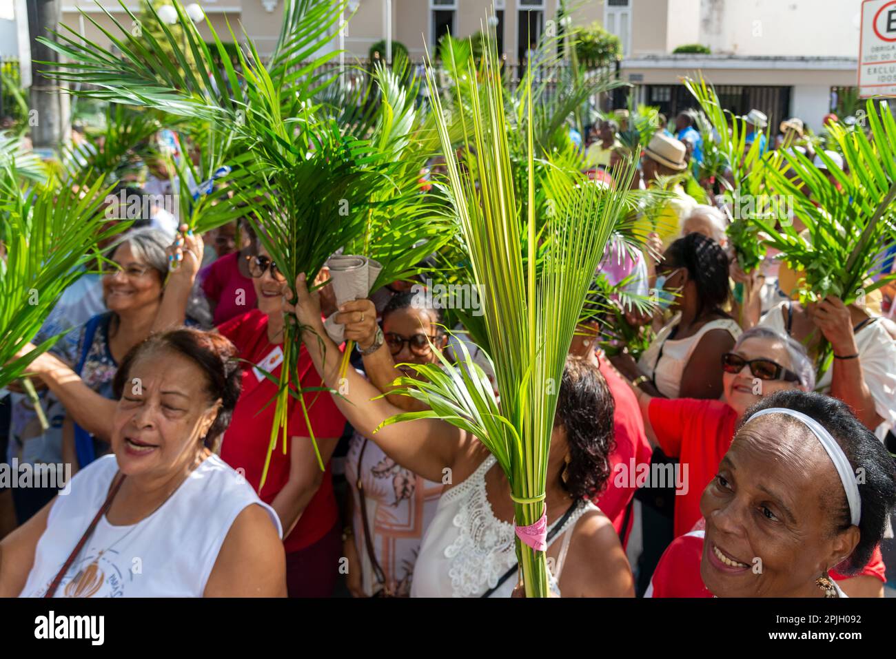 Salvador, Bahia, Brazil Abril 02, 2023 Catholic worshipers hold palm