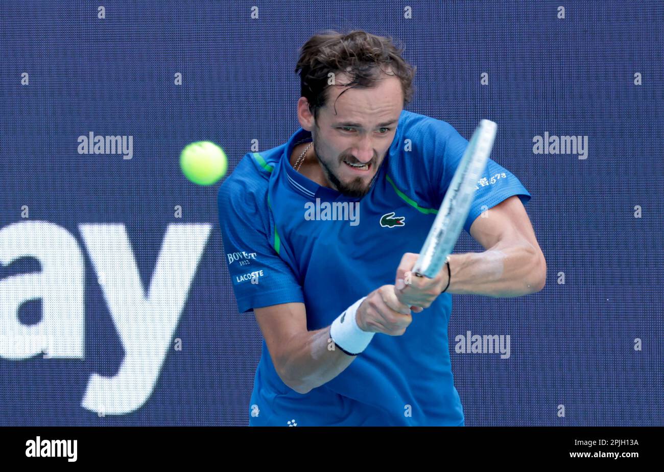 Miami Gardens, United States. 02nd Apr, 2023. Daniil Medvedev hits a two handed backhand shot to Jannik Sinner in the men's final at the Miami Open in the Hard Rock Stadium, Miami Gardens, Florida, on Sunday, April 2, 2023. Medvedev defeated Sinner 7-5, 6-3. Photo by Gary I Rothstein/UPI Credit: UPI/Alamy Live News Stock Photo