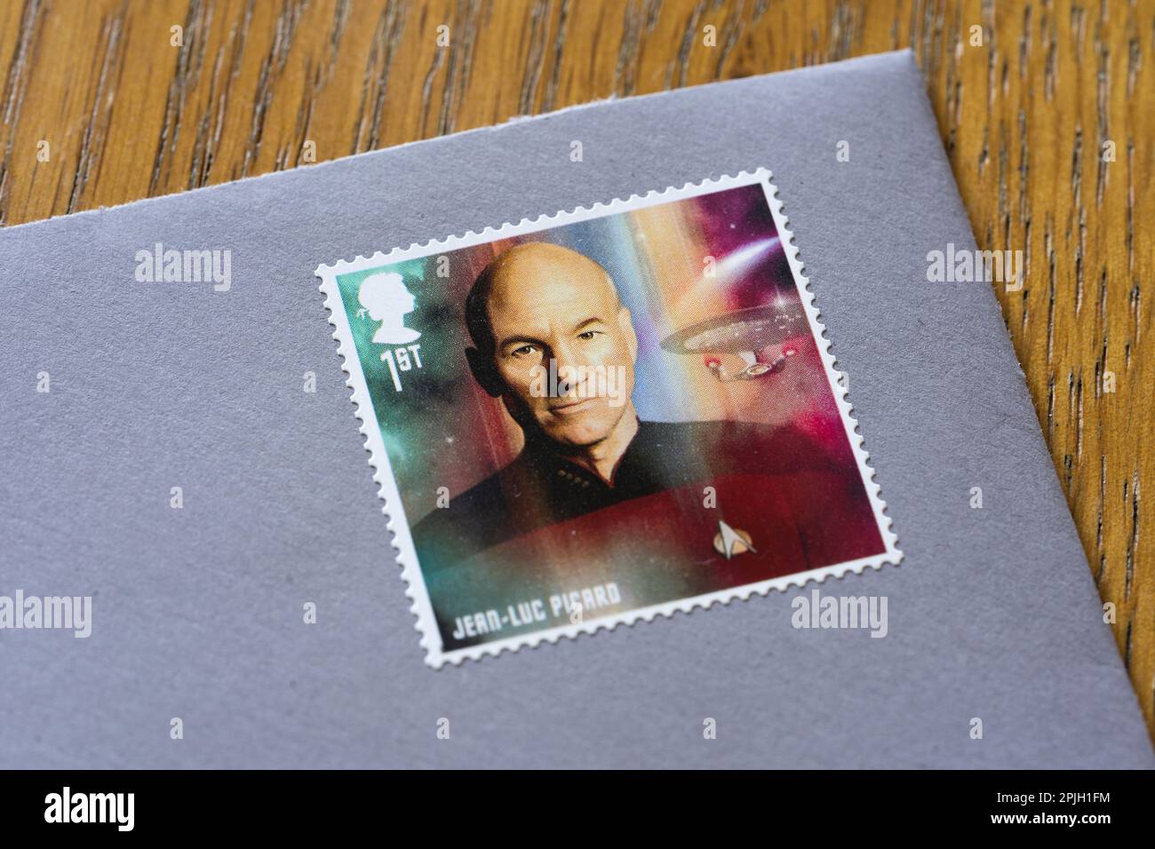 Commemorative Jean Luc Picard stamp by Royal Mail, UK. Jean Luc Picard was a fictional captain of the Federation starship USS Enterprise in Star Trek Stock Photo