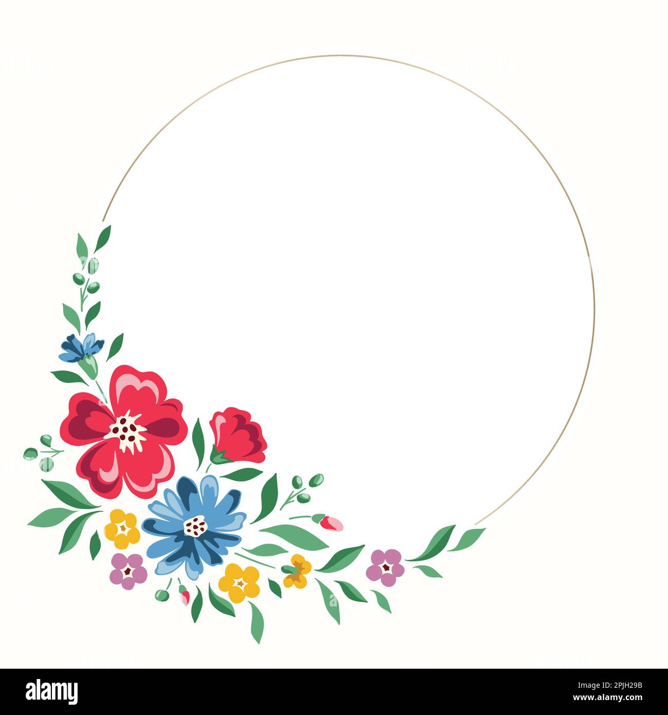 Colorful Chintz Romantic Meadow Wildflowers Vector Round Frame Stock Vector
