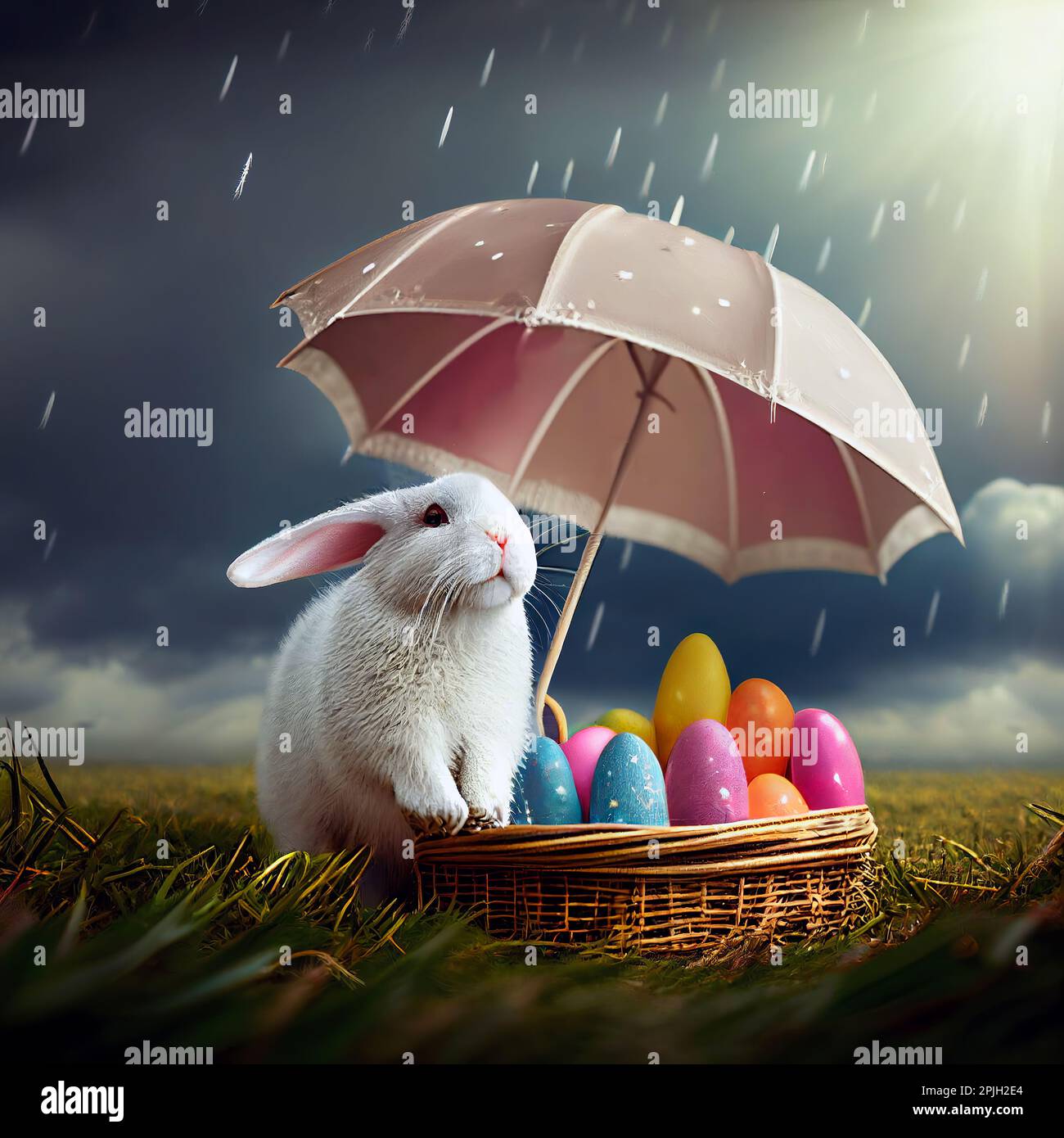 Easter bunny protecting easter eggs with a pink umbrella. Illustration
