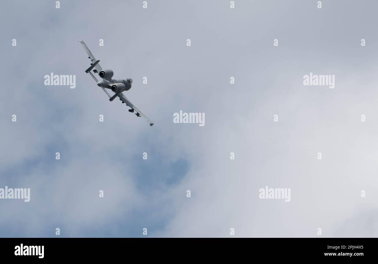 A-10 Thunderbolt IIs from the 175th Wing, Baltimore, M.d., displays a show of force during a close air support exercise on Range 48, Fort Drum, N.y. March 29, 2023. The close air support training was conducted by members of the 274th Air Support Operations Squadron and members of the Brazilian Air Force Para-SAR Squadron. Stock Photo