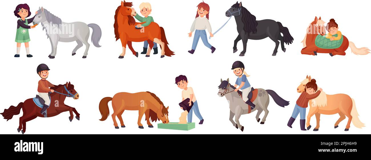Kids care horses. Little equestrians riding on ponies, child grooming feed small horse, kid cavalier hug pony, cartoon horseman in equine farm ranch, ingenious vector illustration of kid pony farm Stock Vector