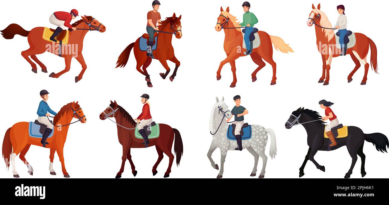 Horse riders. Cavaliers horseback, man rider or female equestrian sitting on thoroughbred horses and racehorses, horseman bridle pony horseriding pose vector illustration of cavalier horse equestrian Stock Vector