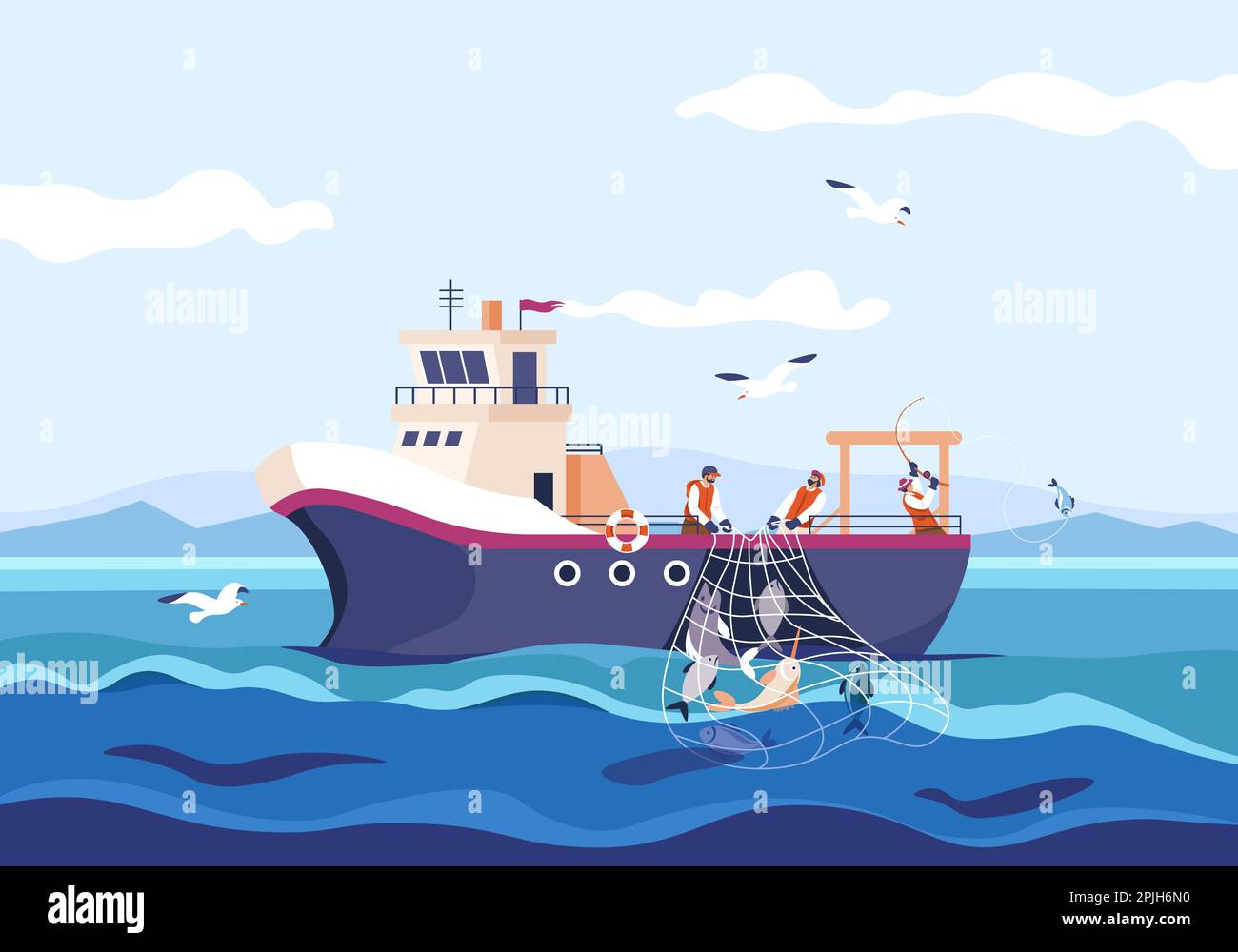 Fisherman work boat. Industry professional fishing, cartoon sailors