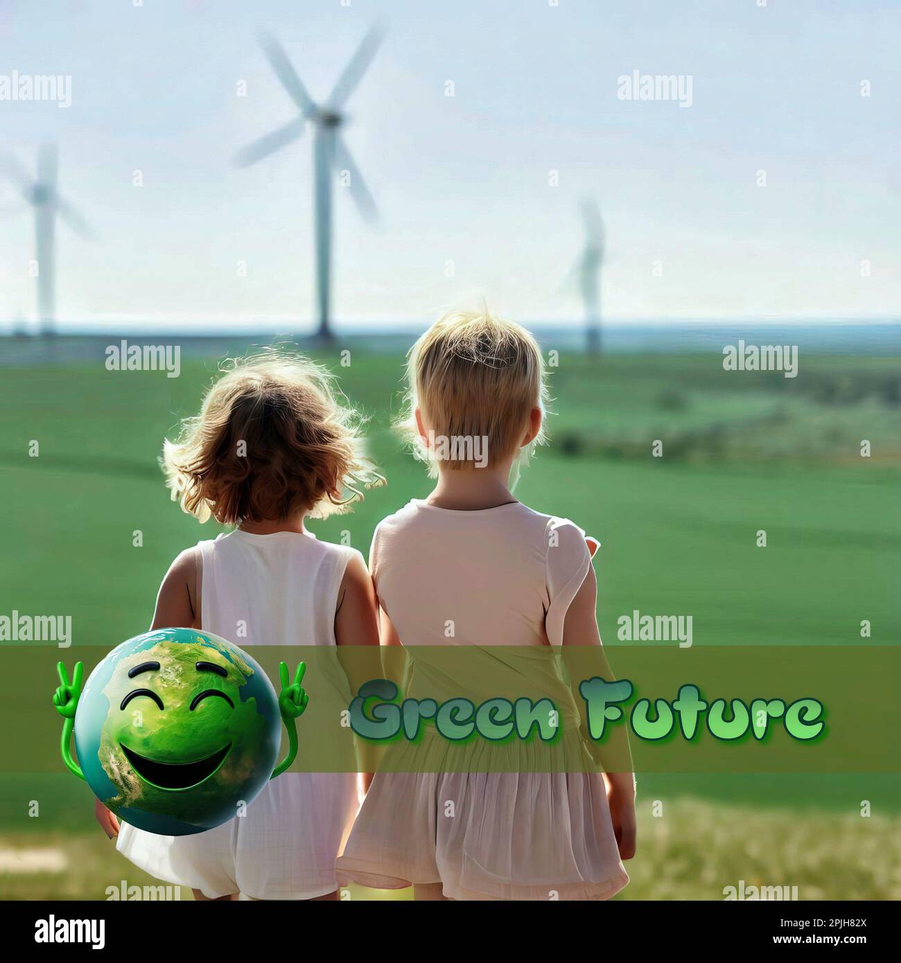 A conceptual image where two little girls look at the green and