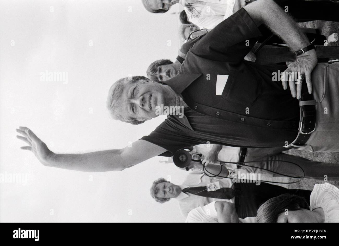 Jimmy Carter waves goodbye to Ohio Senator and former NASA astronaut John Glenn at the Plains, Georgia airport after interviewing him as a possible vice presidential running mate. - To license this image, click on the shopping cart below - Stock Photo