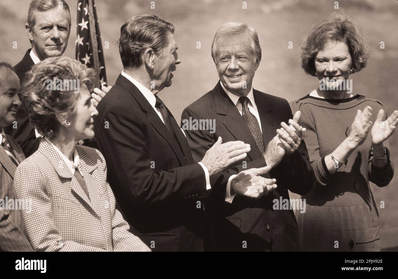 Presidents Jimmy Carter and Ronald Reagan and their wivesat the dedication of the Carter Presidential Library. Stock Photo