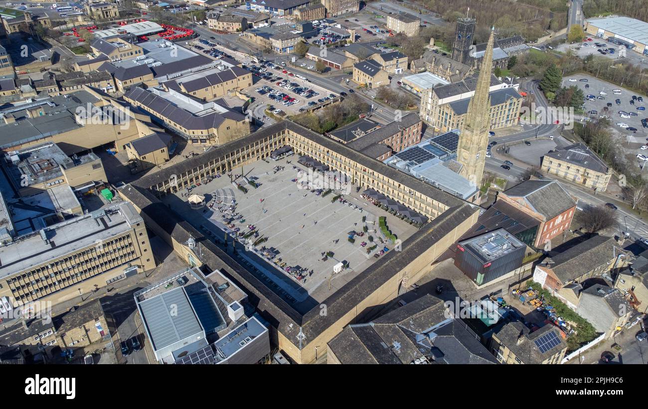 Aerial view of the Piece Hall, Halifax, , West Yorkshire, 2 April 2023. Stock Photo