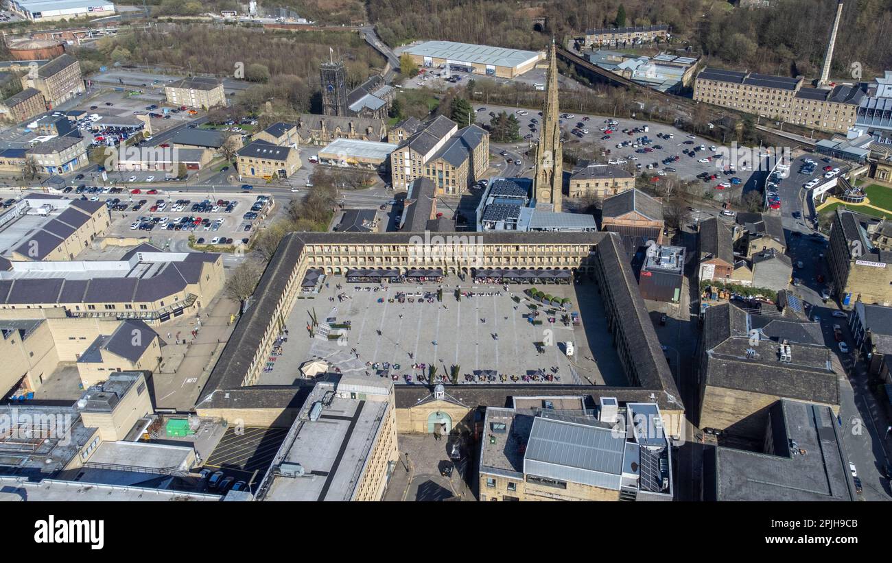 Aerial view of the Piece Hall, Halifax, West Yorkshire, 2 April 2023. Stock Photo