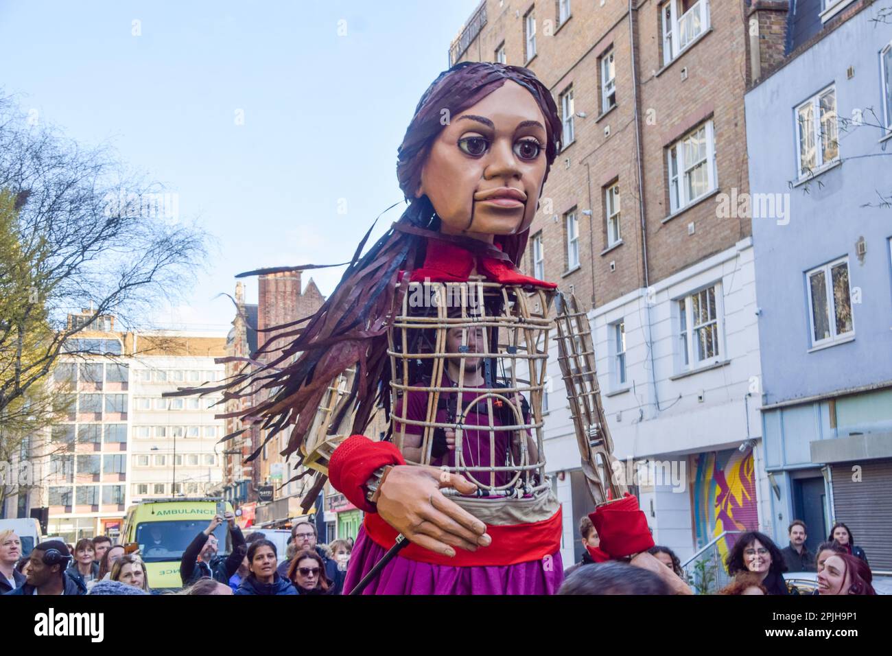 London, UK. 2nd April 2023. Little Amal, the 3.5metretall puppet of a