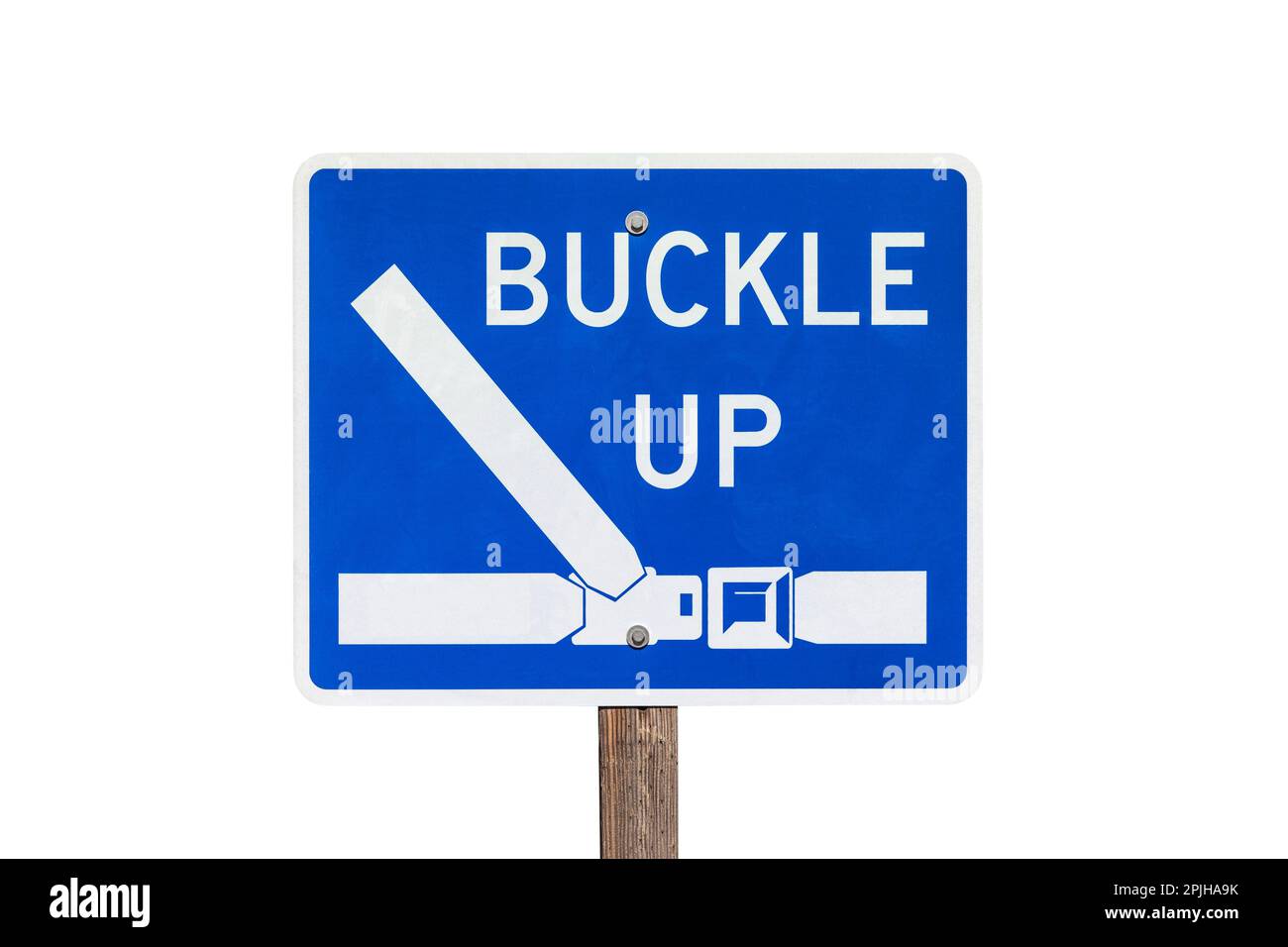 Buckle up highway safety sign isolated with cut out background. Stock Photo