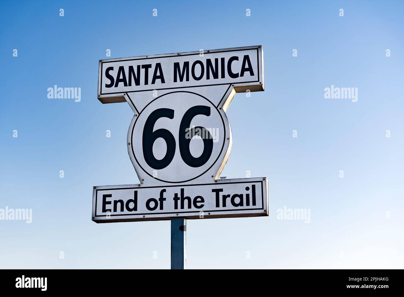 Route 66 end of the train. Santa Monica road sign Stock Photo