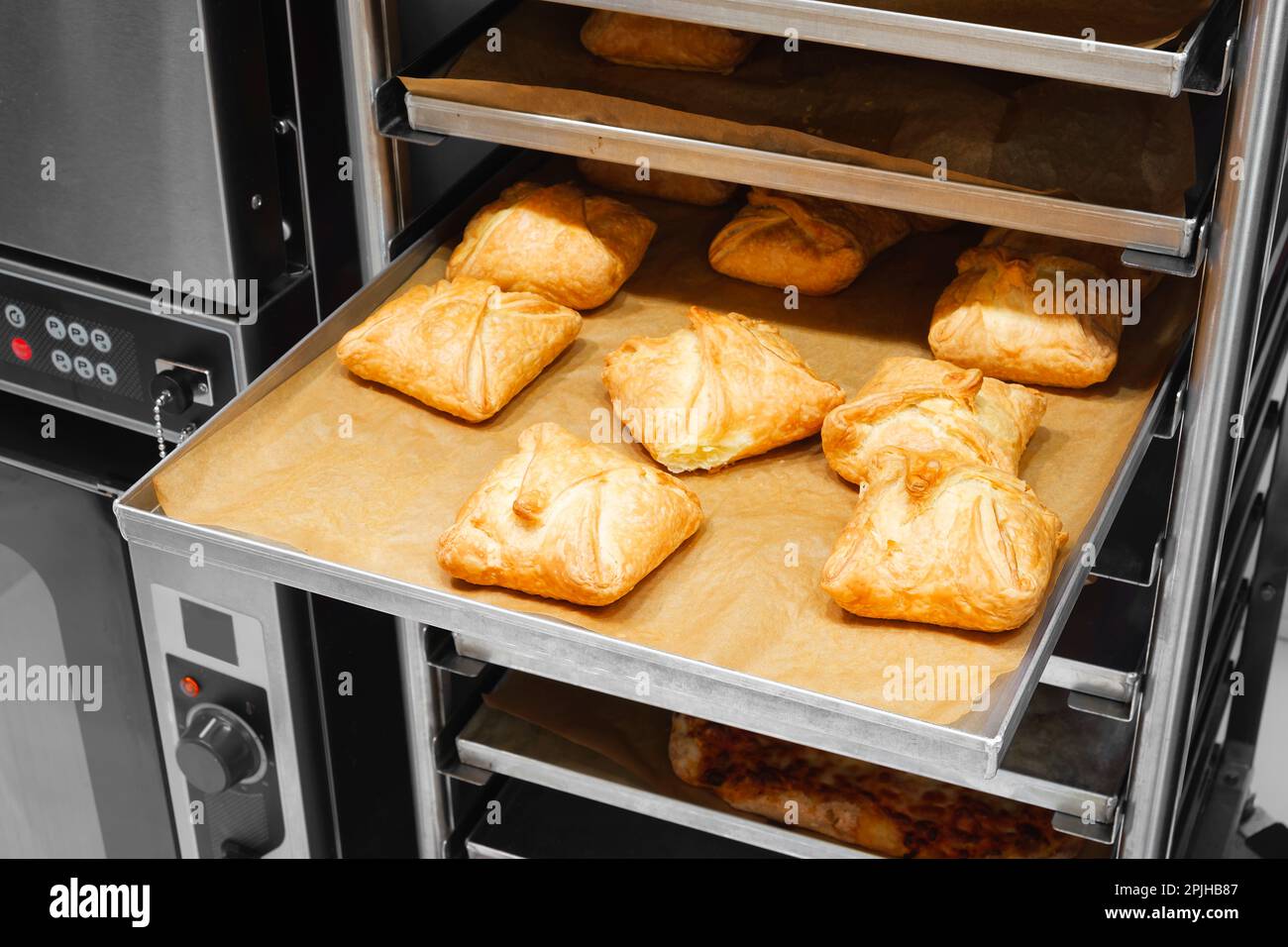 Delicious bread buns in a bakery or supermarket Stock Photo