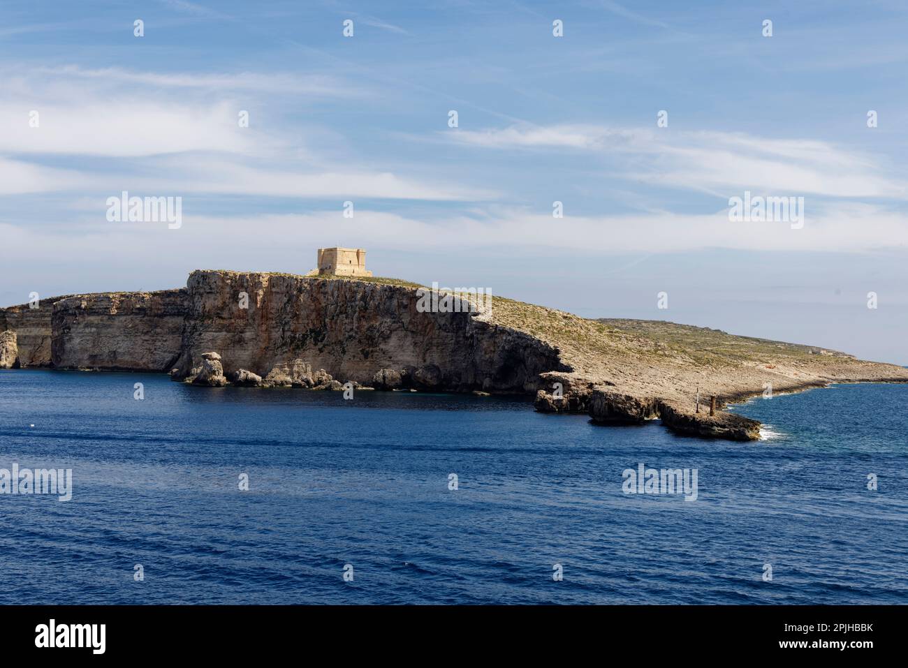 Gozo Channel, Malta. 22nd Mar, 2023. Comino island seen from the deck